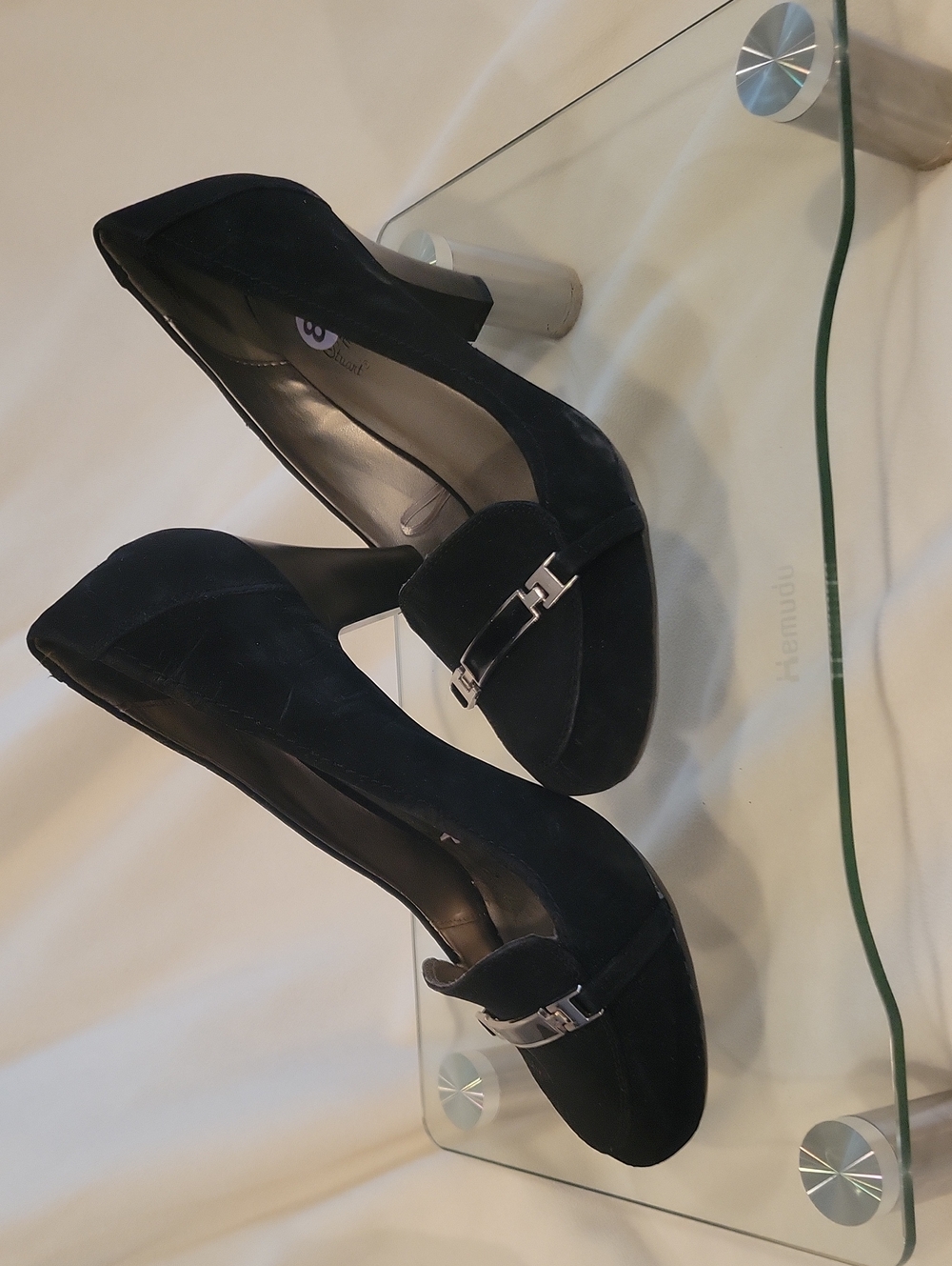 Women's Black Suede Mid-Heel Pumps with Silver Bit Detail SZ 8.5